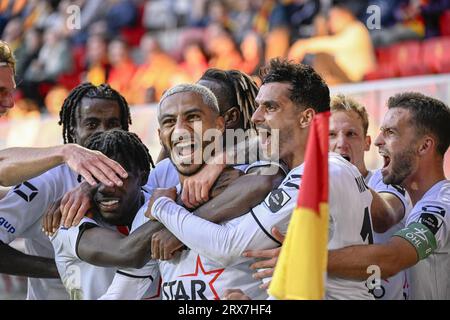 Mechelen, Belgien. September 2023. OHL-Youssef Maziz feiert nach einem Fußballspiel zwischen KV Mechelen und OH Leuven, Samstag, den 23. September 2023 in Mechelen, am 08. Tag der Saison 2023-2024 der „Jupiler Pro League“, der ersten Liga der belgischen Meisterschaft. BELGA PHOTO LAURIE DIEFFEMBACQ Credit: Belga News Agency/Alamy Live News Stockfoto