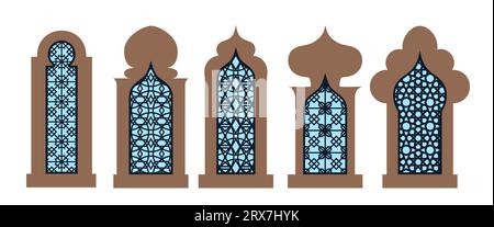 Sammlung arabischer orientalischer Fenster, Bögen und Türen. Lasergeschnittener Grill. Modernes Design in schwarzen Fo-Rahmen, Moschee-Kuppel und Laternen im islamischen ramadan Stock Vektor