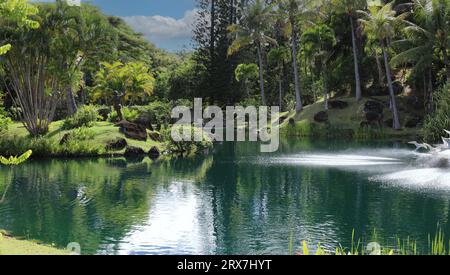 Ein von Palmen, tropischen Pflanzen, Vulkangestein und Wasserpflanzen umgebener See im botanischen Garten Na Aina Kai in Kauai, Hawaii, USA Stockfoto