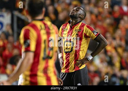 Mechelen, Belgien. September 2023. Mechelens Mory Konate sieht während eines Fußballspiels zwischen KV Mechelen und OH Leuven am Samstag, den 23. September 2023 in Mechelen, am 08. Tag der Saison 2023-2024 der „Jupiler Pro League“-Erstliga der belgischen Meisterschaft, verärgert aus. BELGA PHOTO LAURIE DIEFFEMBACQ Credit: Belga News Agency/Alamy Live News Stockfoto