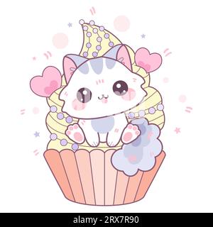 Niedliche Kawaii-Katze sitzt auf einem Cupcake. Vektorillustration Stock Vektor