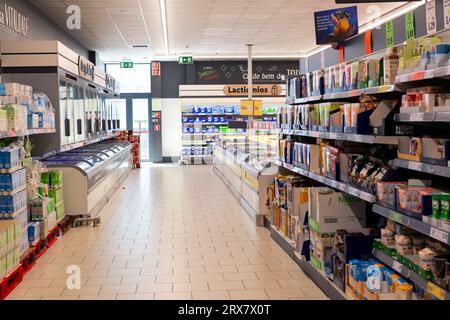 Tiefkühlkost- und Küchenschrankbereich im Lidl Supermarkt Express Store in Leixoes im Stadtzentrum. Moderner Supermarkt. Milchprodukte. Stockfoto