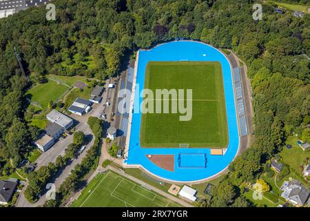 Luftaufnahme, Bremenstadion, blaue Feldgrenze, Bremenplatz Berninghausen, Milspe, Ennepetal, Ruhrgebiet, Nordrhein-Westfalen, Deutschland, DE, Europa, S Stockfoto