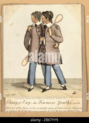 Chang und eng die siamesischen Zwillinge, 1811 – 1874, 18 Jahre alt, mit Badmintonschlägern, farbiger Gravur 1829 Stockfoto