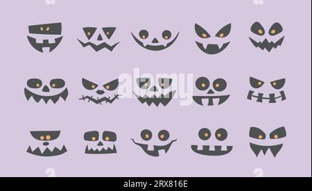Eine Reihe von gruseligen Monstergesichtern. Vector Black Carving Geistermasken für Party, Event, Karte, Banner, Einladung, Aufkleber. Stock Vektor