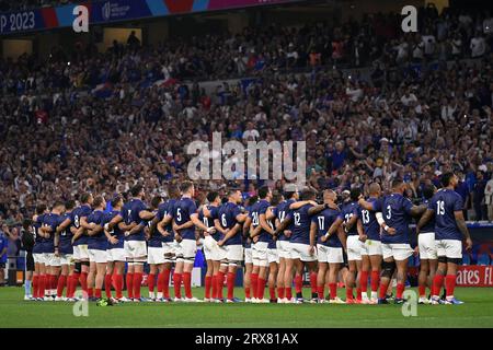 Marseille, Frankreich. September 2023. Julien Mattia/Le Pictorium - Frankreich-Namibia Rugby-WM-Spiel - 23/09/2023 - Frankreich/Bouches-du-Rhone/Marseille - die französische Nationalmannschaft während der Hymnen während des Rugby-WM-Spiels 2023 zwischen Frankreich und Namibia im Stade Velodrome in Marseille, am 21. September 2023. Quelle: LE PICTORIUM/Alamy Live News Stockfoto