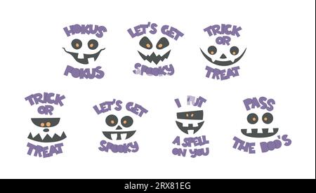 Set aus unheimlichen Monstergesichtern, Zitaten. Vector Black Carving Geistermasken, Sätze für Party, Ereignis, Karte, Banner, Einladung, Aufkleber. Stock Vektor