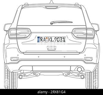 Deutsches Kfz-Kennzeichen auf der Rückseite eines Fahrzeugs mit Zahlen, Buchstaben und Symbolen, EU, Vektorillustration Stock Vektor