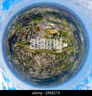 Luftaufnahme, Bahnhof Herne und Bahnhofstraße, Busbahnhof, Globus, Fisheye-Aufnahme, 360-Grad-Aufnahme, winzige Welt, Herne-Mitte, Herne, Ruhrgebiet, Nor Stockfoto