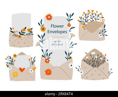 Handgezeichnete, niedliche, geblümte Umschlagabbildungen. Vector Vintage Briefset mit Blumen, Blättern und einem Platz für Ihren Text Stock Vektor