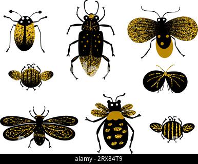 Niedliche Doodle Wanzen und Mottenvektor schwarz-goldene Illustration. Zeichentrick Kinder Sommer Kollektion Kinderfiguren Insektenset Stock Vektor