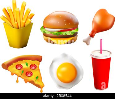 3D-Symbolsatz für Lebensmittel. Fast Food realistische Cartoon-Rendering-Vektorsammlung mit Pizza, Hähnchenschenkel, Ei, frittierten Kartoffeln, Burger, trinken Stock Vektor