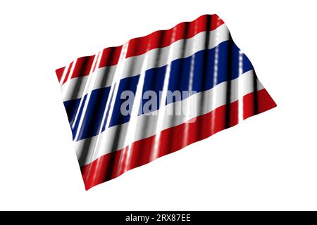 Schöne glänzende Flagge von Thailand mit großen Falten liegen isoliert auf weißer, perspektivischer Ansicht - jede Festflagge 3D-Illustration Stockfoto