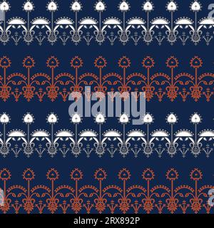 Ein leuchtend blauer Hintergrund mit komplizierten roten und weißen Blumenmustern, nahtloser Rand Stock Vektor