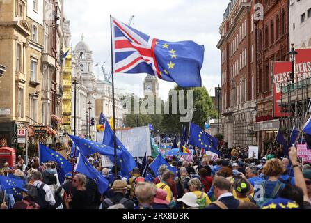 London, Großbritannien. September 2023. Pro-EU-Unterstützer schlossen sich dem Nationalen Wiedereintrittsmarsch an, während die Kampagne zur Wiederaufnahme der Europäischen Union an Stärke gewinnt. Plakate und Flaggen aus ganz Großbritannien und Europa wurden geflogen. Quelle: Monica Wells/Alamy Live News Stockfoto
