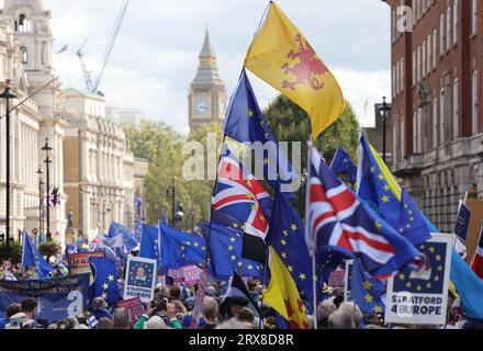 London, Großbritannien. September 2023. Pro-EU-Unterstützer nahmen an einem marsch für Großbritannien Teil, während die Kampagne zur Wiederaufnahme der Europäischen Union an Stärke gewinnt. Plakate und Flaggen aus ganz Großbritannien und Europa wurden geflogen. Quelle: Monica Wells/Alamy Live News Stockfoto