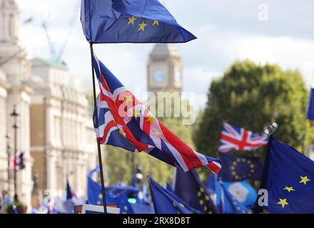 London, Großbritannien. September 2023. Pro-EU-Unterstützer schlossen sich dem Nationalen Wiedereintrittsmarsch an, während die Kampagne zur Wiederaufnahme der Europäischen Union an Stärke gewinnt. Plakate und Flaggen aus ganz Großbritannien und Europa wurden geflogen. Quelle: Monica Wells/Alamy Live News Stockfoto