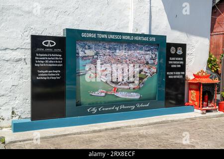 Das Schild zum UNESCO-Weltkulturerbe Penang auf der Armenian Street, Georgetown, Pulau Pinang, Malaysia Stockfoto