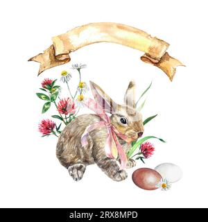 Kaninchen mit Band, Eiern und Wiesenblumen. Aquarellillustration zu einem Osterthema isoliert auf weißem Hintergrund. Grußkarten, Einladungen. Stockfoto