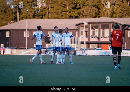 Stockholm, Schweden, 09 23 2023, Allsvenskan, IFK Norrköping feiert ein Tor Credit: Daniel Bengtsson/Alamy Live News Stockfoto