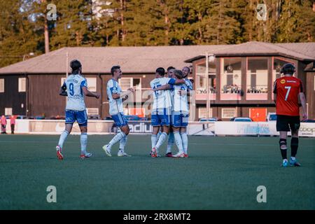 Stockholm, Schweden, 09 23 2023, Allsvenskan, IFK Norrköping feiert ein Tor Credit: Daniel Bengtsson/Alamy Live News Stockfoto