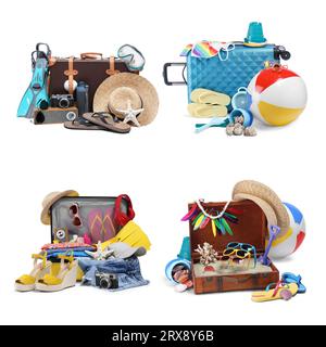 Set mit Koffern und Strandaccessoires isoliert auf weiß Stockfoto