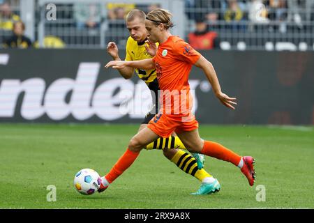 Dortmund, Deutschland. September 2023. Julian Ryerson (zurück) von Borussia Dortmund besiegt sich mit Lovro Majer vom VfL Wolfsburg beim ersten Spiel der 5. Runde der Bundesliga in Dortmund, Deutschland, 23. September 2023. Quelle: Joachim Bywaletz/Xinhua/Alamy Live News Stockfoto