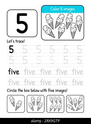 Arbeitsblattseite „Tracing Book“ Mit „Word And Number Five“ Und Aktivitäten Zum Ausmalen Und Zählen Stock Vektor