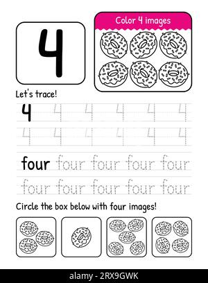 Arbeitsblattseite „Buch Zur Aufzeichnung Von Wörtern Und Zahlen“ Mit Ausmalungs- Und Zählaktivitäten Stock Vektor