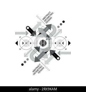 Abstraktes Design von geometrischen Formen, Rundungen und vielen Pfeilen, die in verschiedene Richtungen zeigen. Graustufen-Vektorbild isoliert auf weißem Hintergrund. Stock Vektor