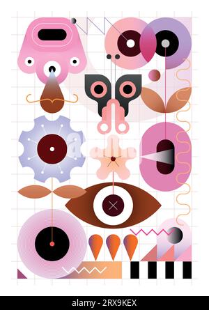 Sommerblumen-Vektor-Illustration mit Verlaufseffekt. Abstraktes geometrisches Design von Schmetterlingen und blühenden Blumen auf weißem Hintergrund. Stock Vektor