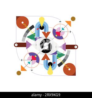 Das abstrakte Design des menschlichen Auges umfasst geometrische Formen, Rundungen und Pfeile. Farbiges Vektorbild isoliert auf weißem Hintergrund. Stock Vektor