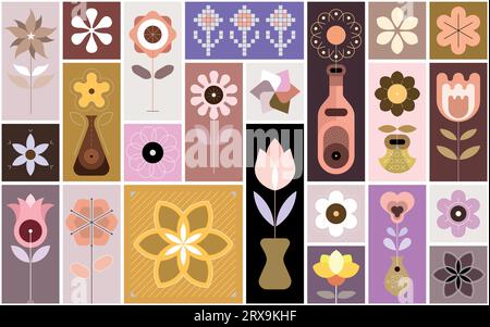 Das Tileable Design umfasst viele verschiedene Blumenbilder und Blumenmuster. Sammlung von Vektorbildern, dekorativer nahtloser Hintergrund. Je o Stock Vektor