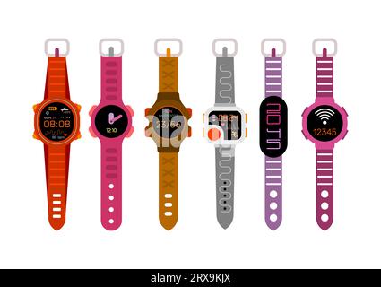 Sechs farbige Objekte isoliert auf einem weißen Hintergrund Smartwatches Vektorillustration. Set mit verschiedenen Smartwatch-Designelementen. Stock Vektor