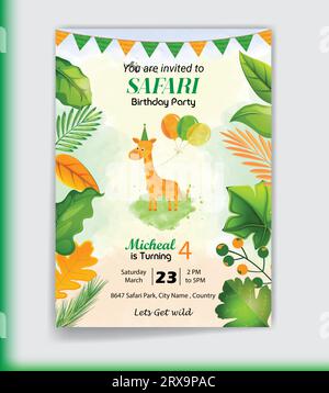 safari Geburtstagsgrußkarten mit niedlichen Tieren, Blatt und Ballon. Lustige Dschungelparty. Vektorabbildung Stock Vektor
