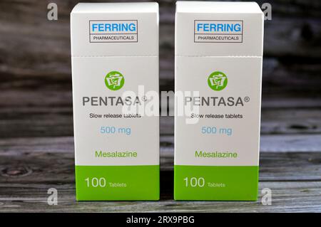 Kairo, Ägypten, 4. September 2023: Pentasa 500mg langsam freisetzende Tabletten, Mesalazin, verwendet in der Behandlung der Colitis ulcerosa, von Ferring Pharmaceuticals, A Stockfoto