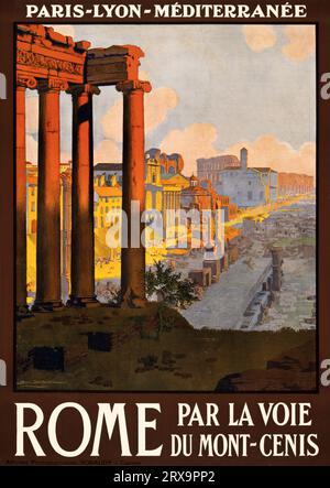 Rom par la voie du Mont-Cenis, Reiseplakat für PLM, CA. 1920 Chemins de fer Paris-Lyon-Méditerranée. Rom, par la voie du Mont-Cenis. Reiseplakat von Géo Dorival, das das Forum Romanum bei Tagesanbruch zeigt Stockfoto