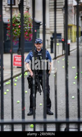 London, Großbritannien. September 2023. Bewaffnete Polizeibeamte stehen hinter den Schutztoren in der Downing Street, umgeben von Tennisbällen, auf denen sich die Demonstranten über den Zaun warfen. Diejenigen, die mit der Regierungspolitik nicht einverstanden sind, kommen zusammen, um deutlich zu machen, dass sie in ihrem täglichen Leben keine künftigen Einschränkungen einhalten werden. Sie sagen Nein zu bargeldlosen Gesellschaften, Niedrigemissionszonen, ungeprüften Impfstoffen, zukünftigen Lockdowns oder Maskierungen, intelligenten Städten und lästigen grünen Steuern. Quelle: SOPA Images Limited/Alamy Live News Stockfoto