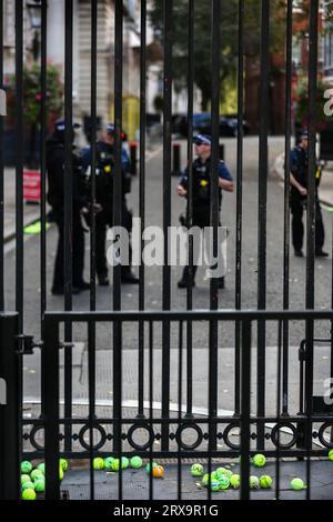 London, Großbritannien. September 2023. Bewaffnete Polizeibeamte stehen hinter den Schutztoren in der Downing Street, umgeben von Tennisbällen, auf denen sich die Demonstranten über den Zaun warfen. Diejenigen, die mit der Regierungspolitik nicht einverstanden sind, kommen zusammen, um deutlich zu machen, dass sie in ihrem täglichen Leben keine künftigen Einschränkungen einhalten werden. Sie sagen Nein zu bargeldlosen Gesellschaften, Niedrigemissionszonen, ungeprüften Impfstoffen, zukünftigen Lockdowns oder Maskierungen, intelligenten Städten und lästigen grünen Steuern. Quelle: SOPA Images Limited/Alamy Live News Stockfoto