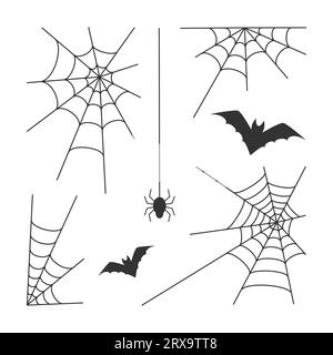 Vektorillustration. Schwarze Silhouetten von Fledermaus, Spinne und Netz auf weißem Hintergrund. Traditionelle Dekorationselemente für halloween für Designerdekoration Stock Vektor