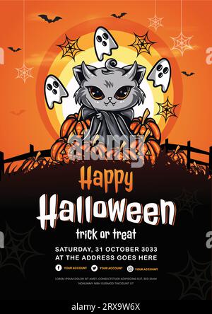 Kreatives Horror-halloween-Poster und Flyer-Vorlage mit schwarzer Katzenillustration Stock Vektor