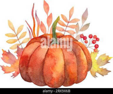 Herbstkomposition. Botanische Aquarelldarstellung von Kürbissen und Herbstblättern. Saisonale Feiertage, Festivals. Halloween, Thanksgiving. ich bin von Hand gemacht Stock Vektor