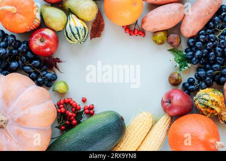 Rahmen für die Herbsternte: Kürbisse, Äpfel, Birnen, Mais, Trauben und anderes Obst und Gemüse. Ansicht von oben, flach, Kopierbereich. Stockfoto