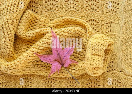 Violettes Blatt auf einem gelben Strickpullover. Herbstkonzept. Draufsicht, flach. Stockfoto