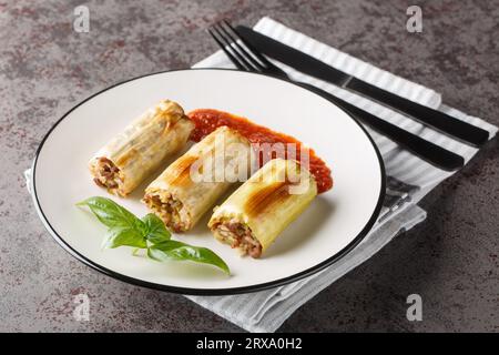 Köstlicher frisch gebackener Lauch gefüllt mit Rindfleisch, Reis, Käse und Gemüse, serviert mit Tomatensauce aus nächster Nähe auf einem Teller auf dem Tisch. Horizontal Stockfoto