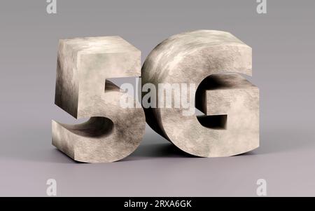 Betonbeschriftung 5 g auf grauem Podium, weiches Licht, Vorderansicht mit glattem Hintergrund, 3D-Rendering Stockfoto