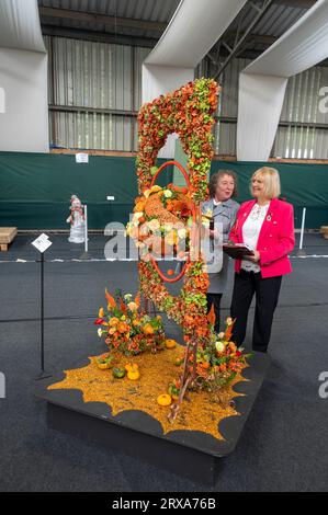 Zwei Richter bewunderten eine der vielen arrangierten Blumenausstellungen im Floral Art Hall bei der Malvern Herbstshow auf dem Three Counties Showgrounds Stockfoto