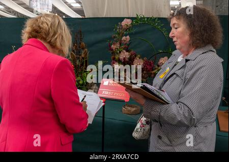 Zwei Richter, die Notizen machen und vergleichen, bei einigen der vielen Ausstellungen in der Floral Art Hall der Malvern Herbstshow, die auf der Three Counties Showg stattfindet Stockfoto