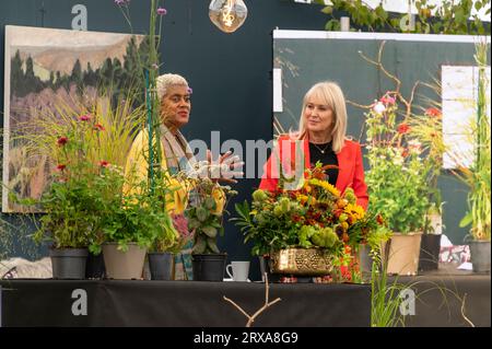 Gartenberatung von zwei Fernsehmoderatoren, Arit Anderson und Nicki Chapman im Gartentheater der Herbstshow Malvern in Stockfoto