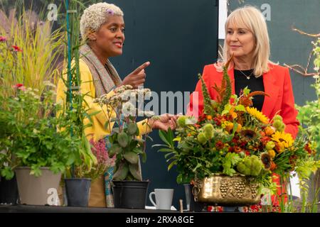 Gartenberatung von zwei Fernsehmoderatoren, Arit Anderson und Nicki Chapman im Gartentheater der Herbstshow Malvern in Stockfoto